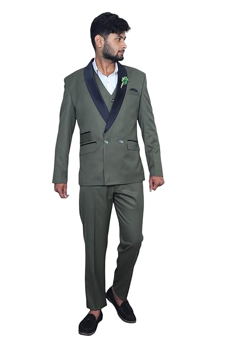 Olive Green 3-Piece Suit with Satin Lapel